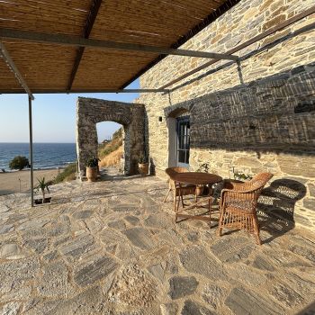 terrace with seaview in front of holiday apartment kafenio in ikaria